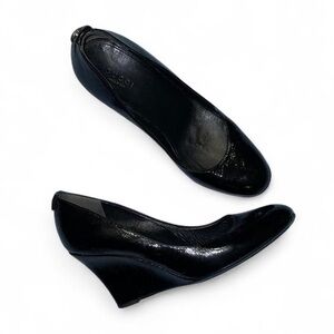 Gucci— black leather wedge heels